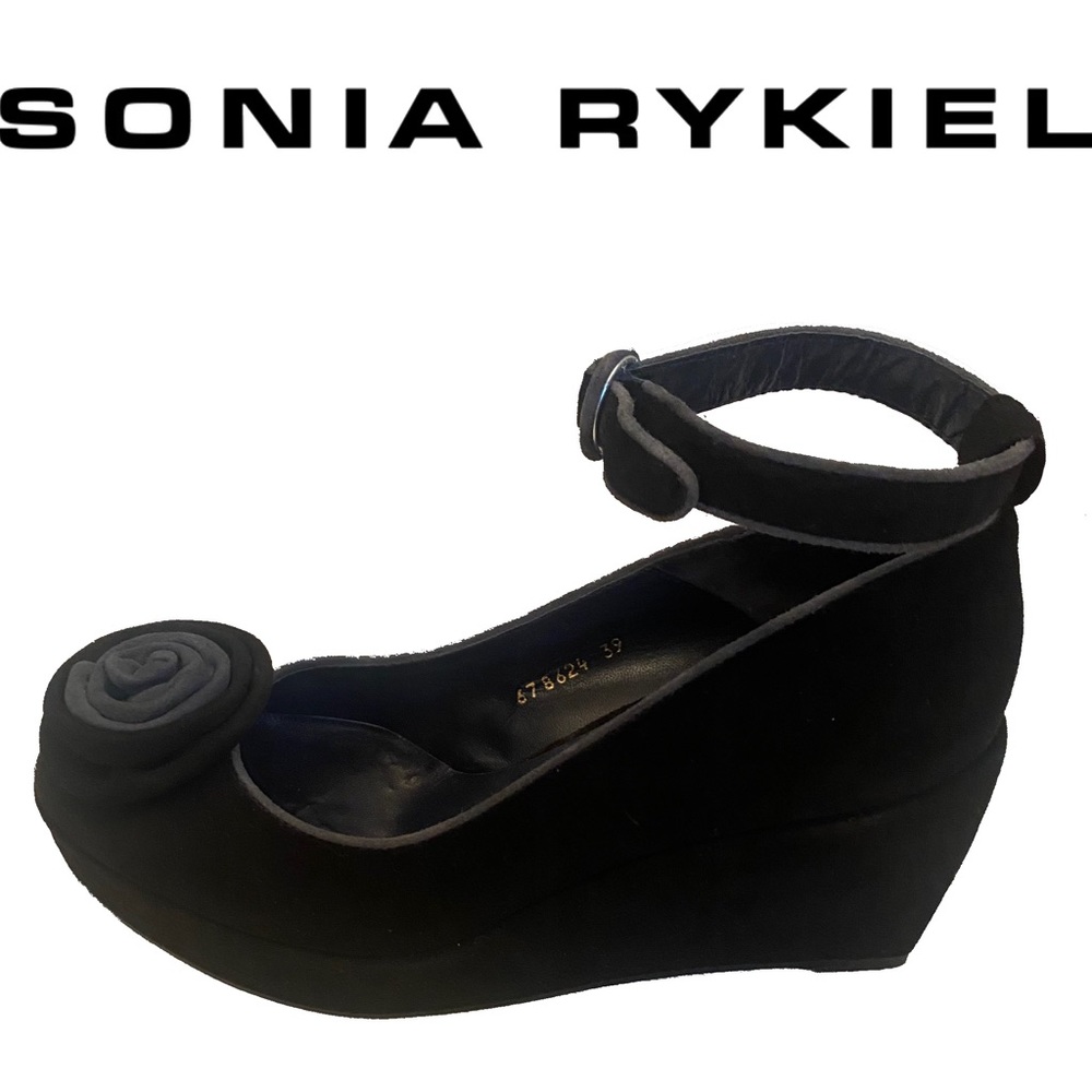 SONIA RYKIEL black suede ankle strap platform wedges with flower on toe